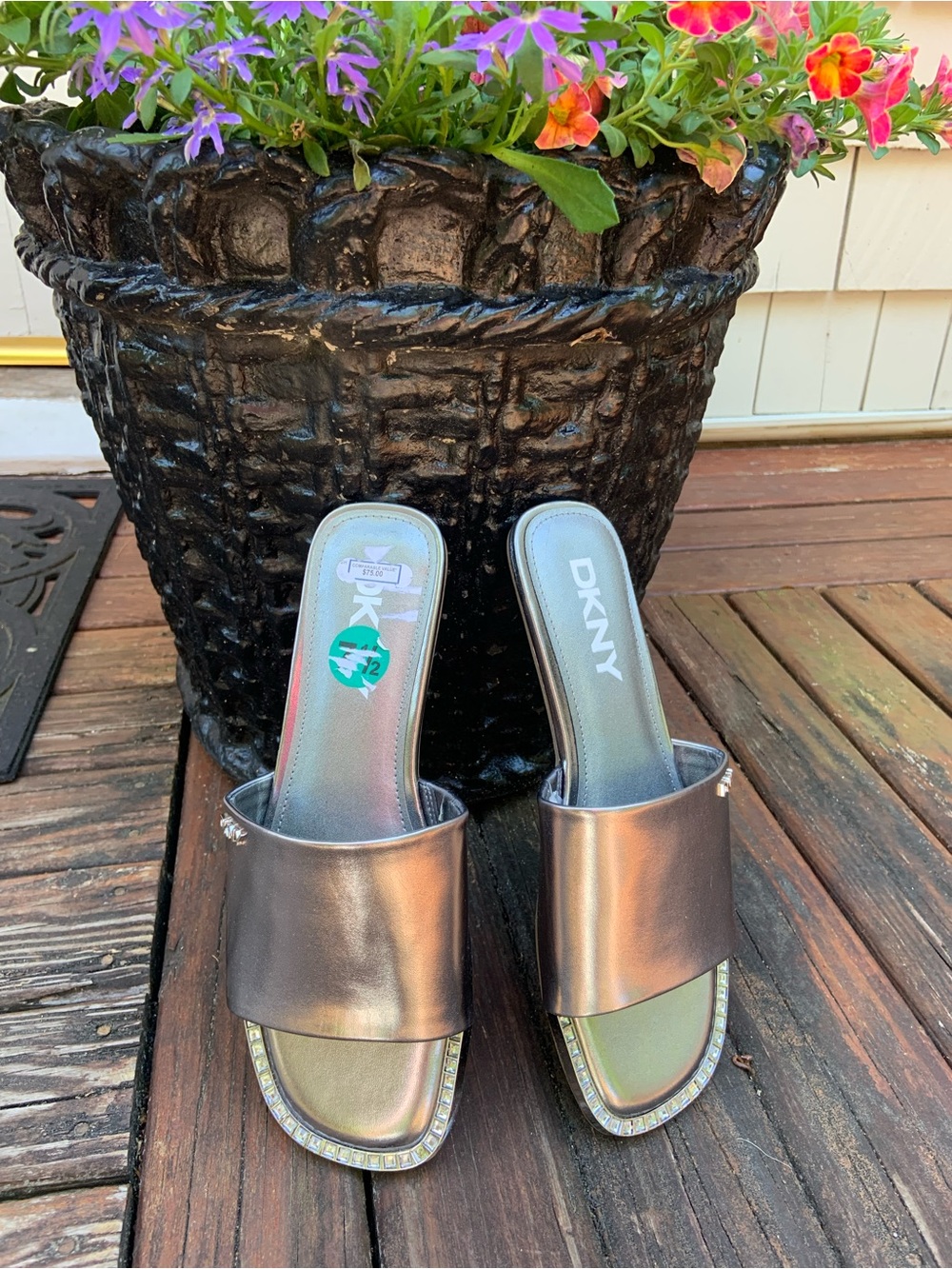 DKNY NWT Metallic Silver Slide Mules with Rhinestone Trim